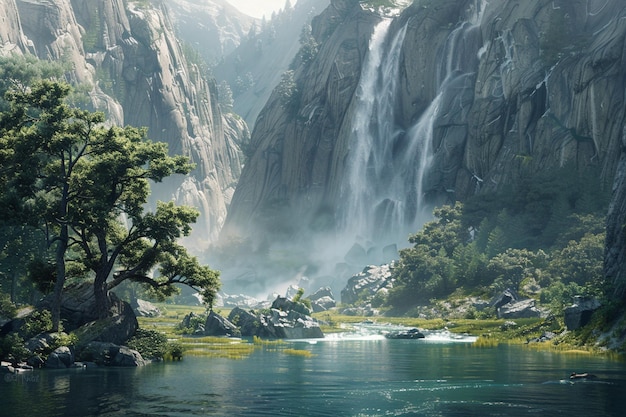 a waterfall in the mountains is surrounded by mountains and trees