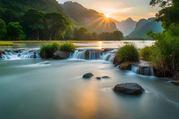 a waterfall in the mountains at sunset