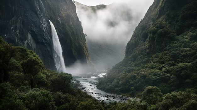 A waterfall in the mountains with a cloudy sky