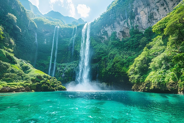 a waterfall in the mountains with a green water pool below