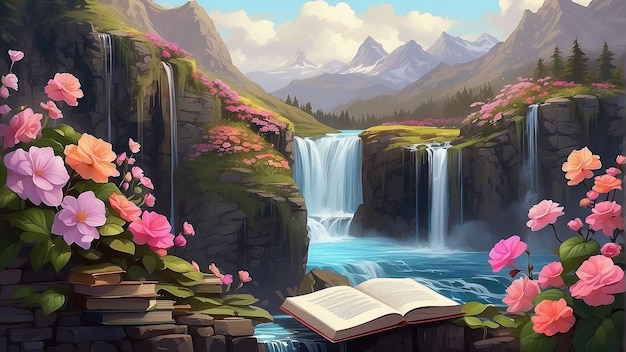 A waterfall in the mountains with pink flowers in the foreground and a book on a rock in the middle