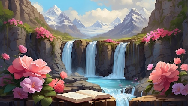 A waterfall in the mountains with pink flowers in the foreground and a book on a rock in the middle