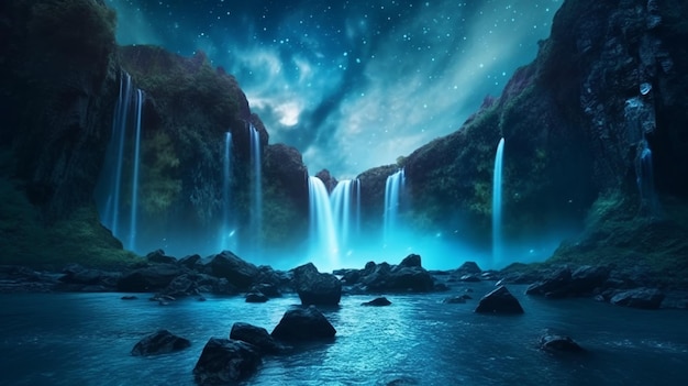 A waterfall in the mountains with a starry sky