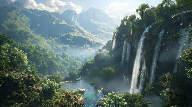 a waterfall in the mountains with a view of the mountains