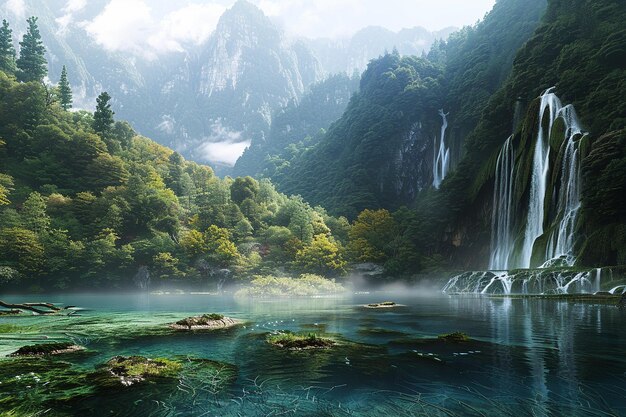 a waterfall in the mountains with a waterfall in the background