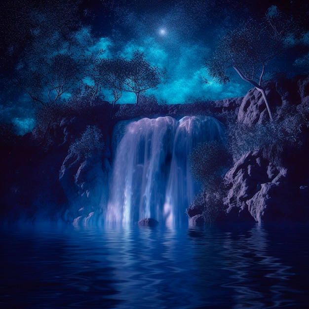 A waterfall in the night sky with the moon behind it.