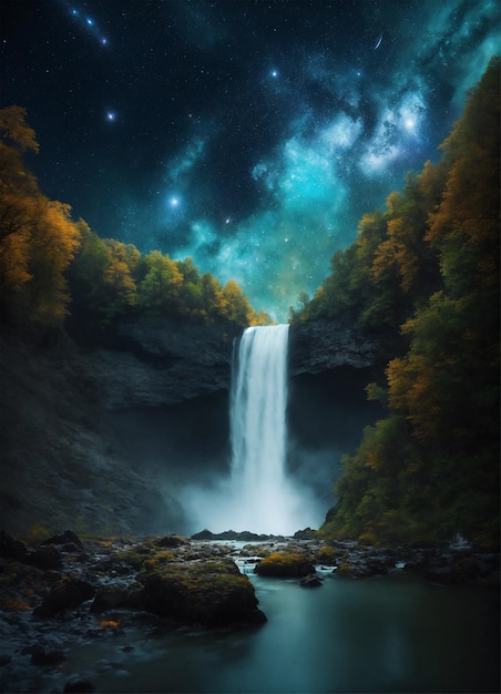 Photo a waterfall in the night sky with stars and stars