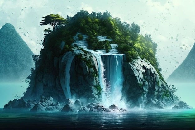 A waterfall in the ocean with a tree on top