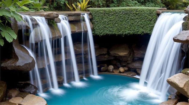 A waterfall in a pool with a waterfall in the background.