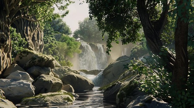 Photo waterfall pouring into a serene rock strewn