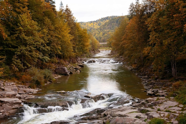 Waterfall Probiy in Yaremche and mountain view river Prut Autumn landscape Carpathians Ukraine Selective soft focus