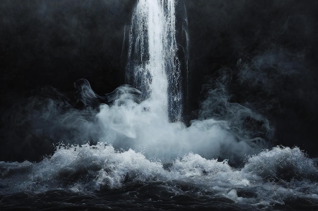 Waterfall on the river with white smoke and black background Toned