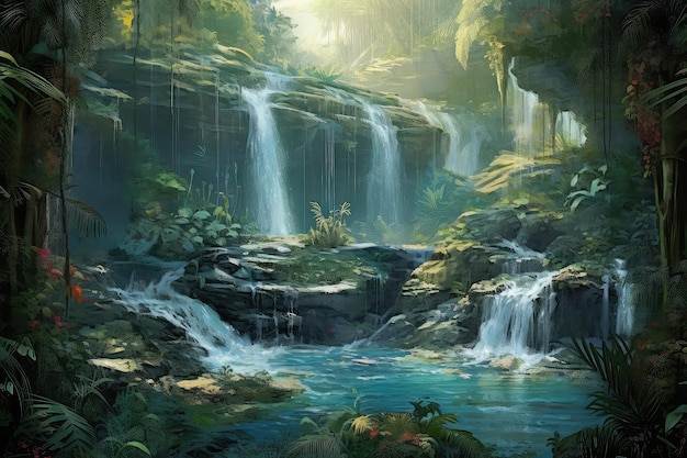 Waterfall ruin photo realistic illustration generative ai