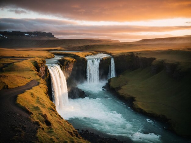 waterfall during the sunset beautiful waterfall in iceland