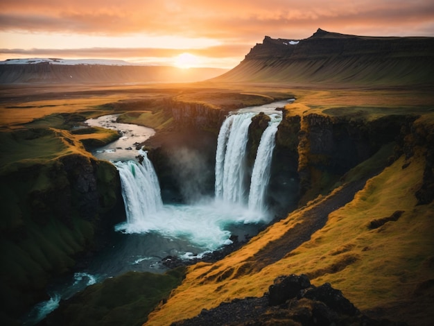 waterfall during the sunset beautiful waterfall in iceland