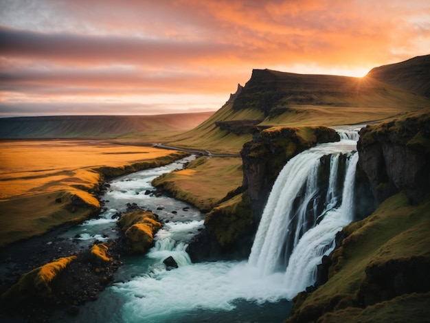 waterfall during the sunset beautiful waterfall in iceland