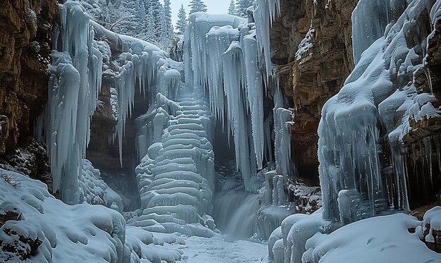 Photo a waterfall that has icicles hanging from it