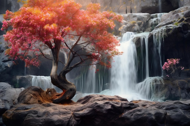 A waterfall and a tree in the background