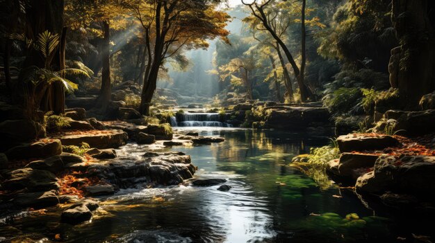 Waterfall in tropical forest isolated on autumn background