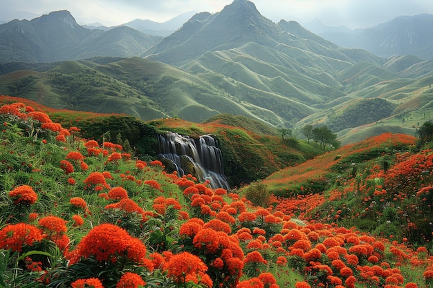 a waterfall in a valley with mountains in the background