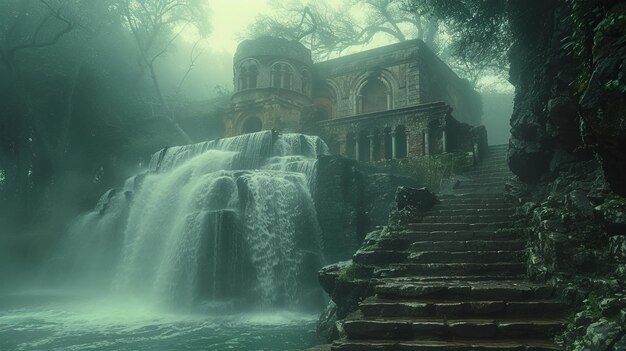 a waterfall with a building in the background and a waterfall in the background