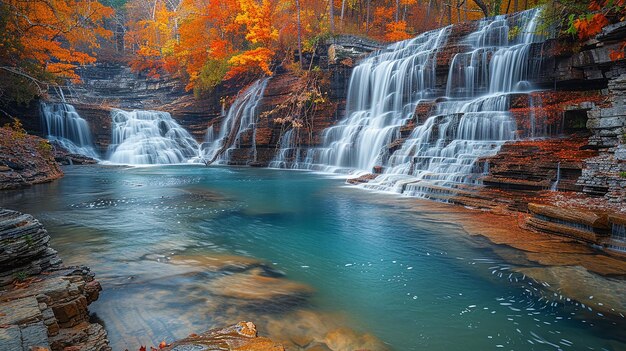 waterfall with colorful trees and a waterfall in the background