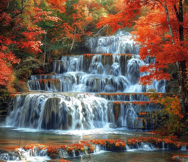 a waterfall with fall colors in the background and a waterfall in the foreground