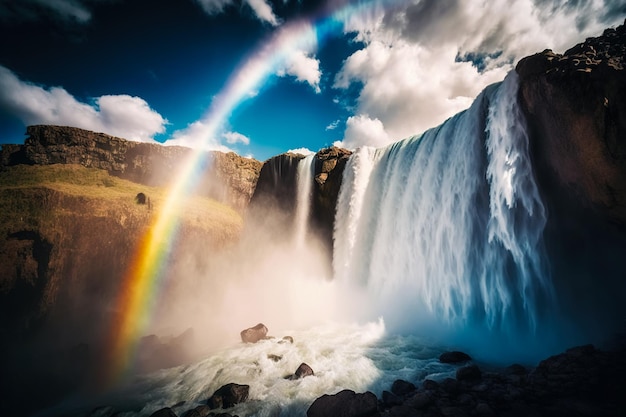 Waterfall with falling water from above and a colorful rainbow in the fog