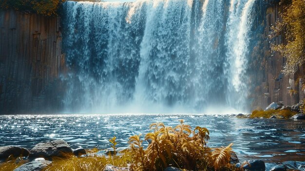 Photo a waterfall with a few plants and a few plants in front of it