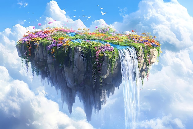 Photo a waterfall with flowers and butterflies flying above it