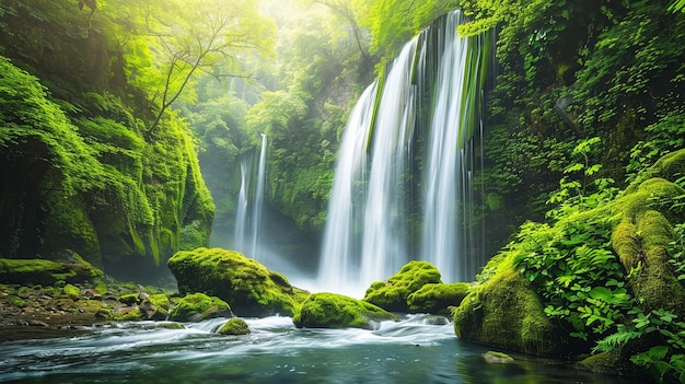 a waterfall with a green background and a waterfall in the background