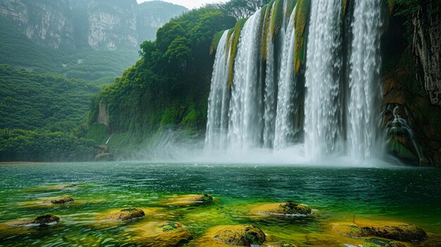 Photo a waterfall with green moss on the bottom