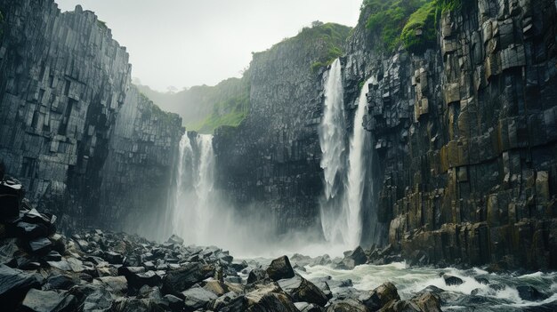 Photo a waterfall with a green moss covered cliff in the background