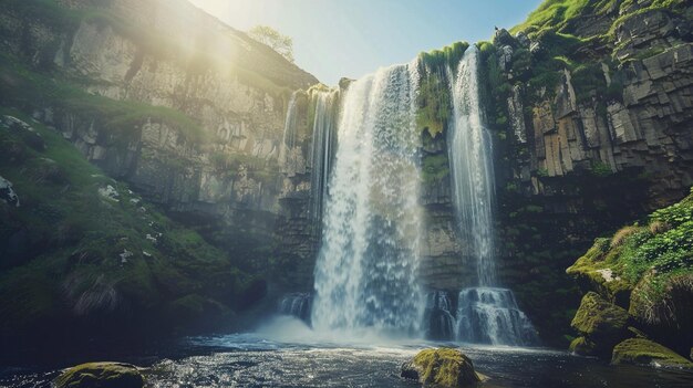 a waterfall with a green mossy rock wall and a rock wall with a waterfall in the background