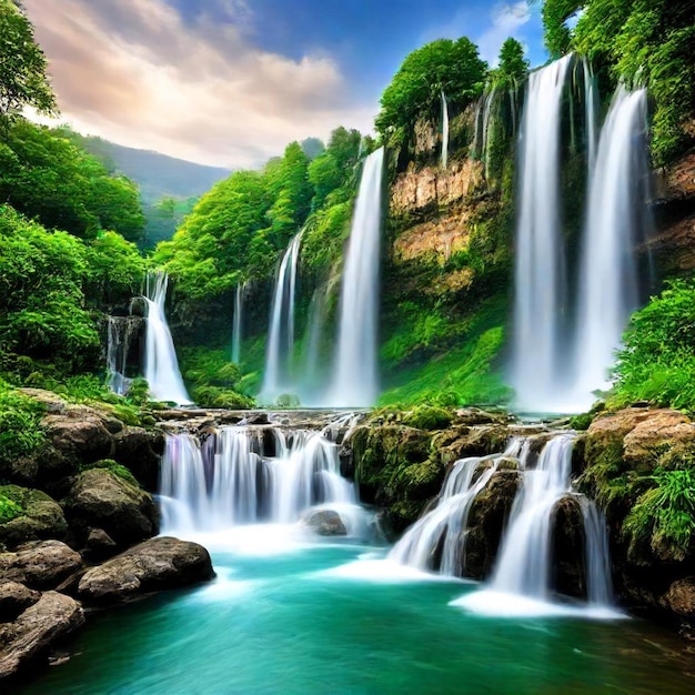 a waterfall with a green pool in the background and a picture of a waterfall in the foreground