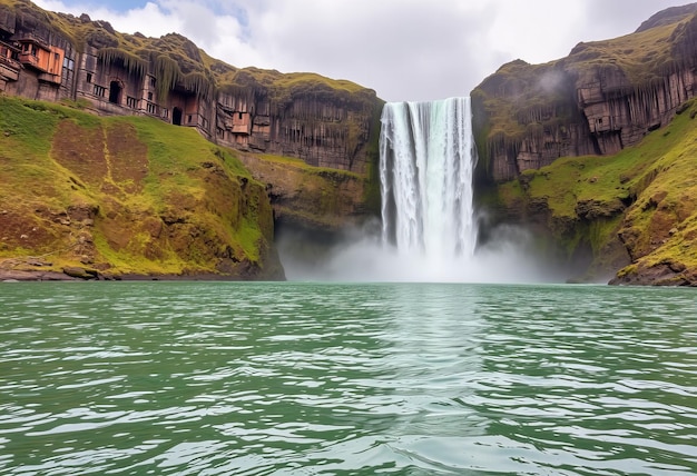 Photo a waterfall with a green water and a green mountain in the background