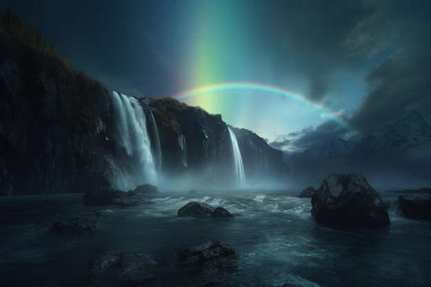 A waterfall with a green and white aurora over it.