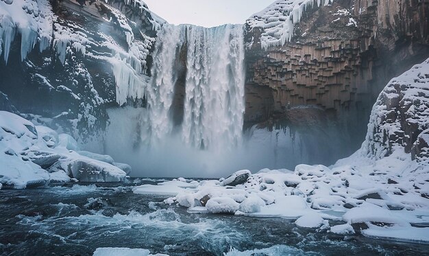 a waterfall with ice and snow on it and ice on the side