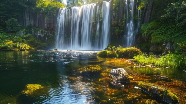 Photo a waterfall with a large rock in the middle of it