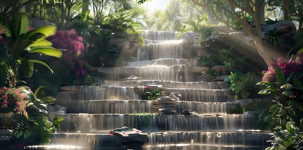 A waterfall with a lush green forest in the background