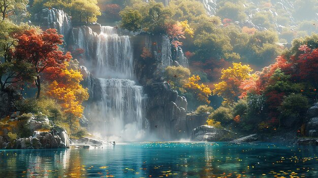 a waterfall with a man in the water in front of it