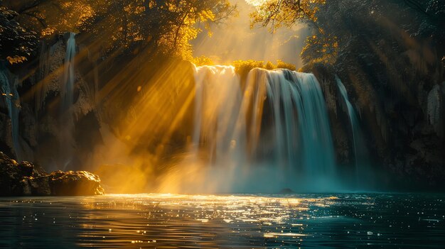 Photo a waterfall with mist illuminated by a divine light creating a magical serene atmosphere