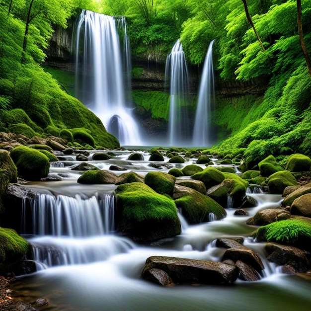 a waterfall with moss covered rocks and a green mossy rock