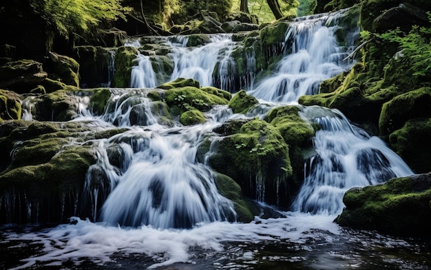 waterfall with mossy rocks and water flowing down it generative ai