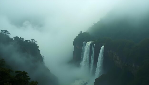 a waterfall with a mountain in the background and a waterfall in the middle