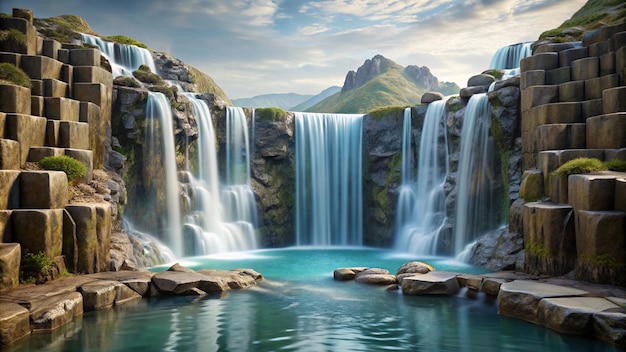 a waterfall with a mountain in the background