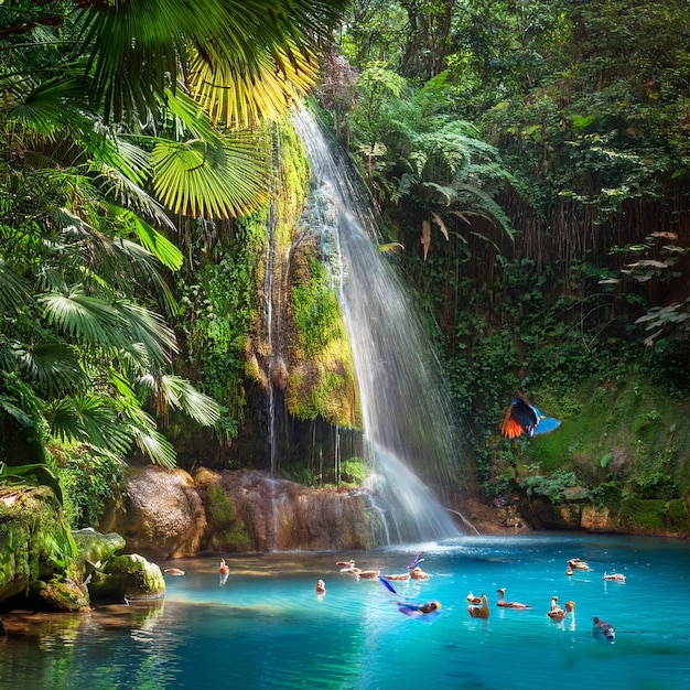 a waterfall with people swimming in it and a waterfall in the background