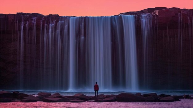 Waterfall with a person standing in front of it at sunset generative ai