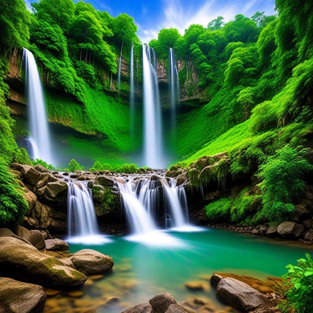 a waterfall with a picture of a waterfall and a green background