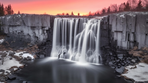 Waterfall with a pink sky and a few trees in the background generative ai